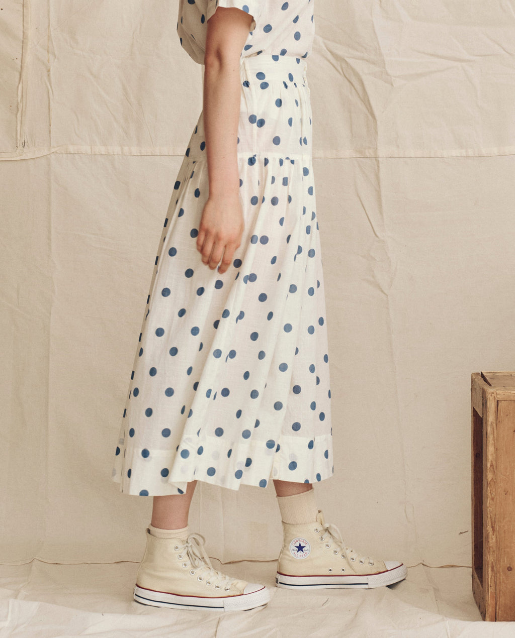 The Highland Skirt. -- Cream with Blue Polka Dots