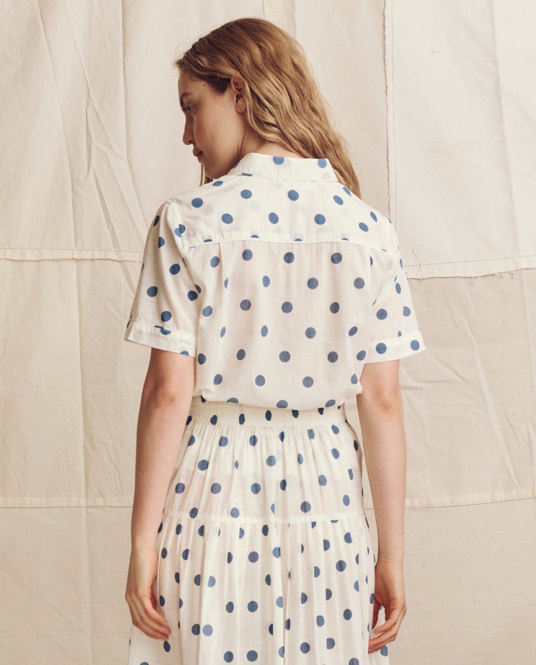 The Messenger Top. -- Cream with Blue Polka Dots