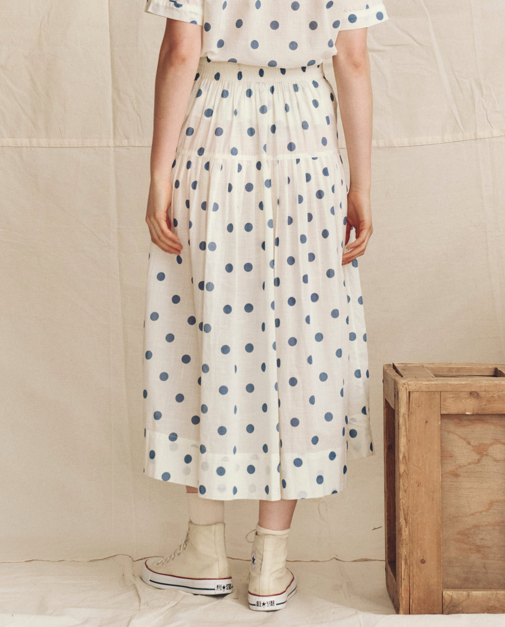 The Highland Skirt. -- Cream with Blue Polka Dots