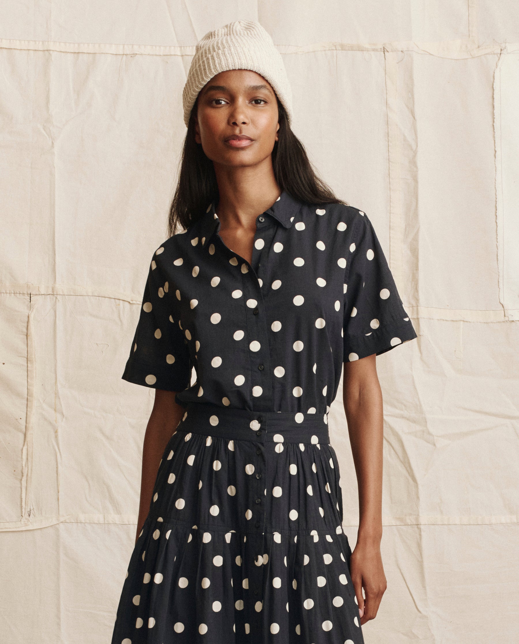 The Messenger Top. -- Navy with Cream Polka Dots