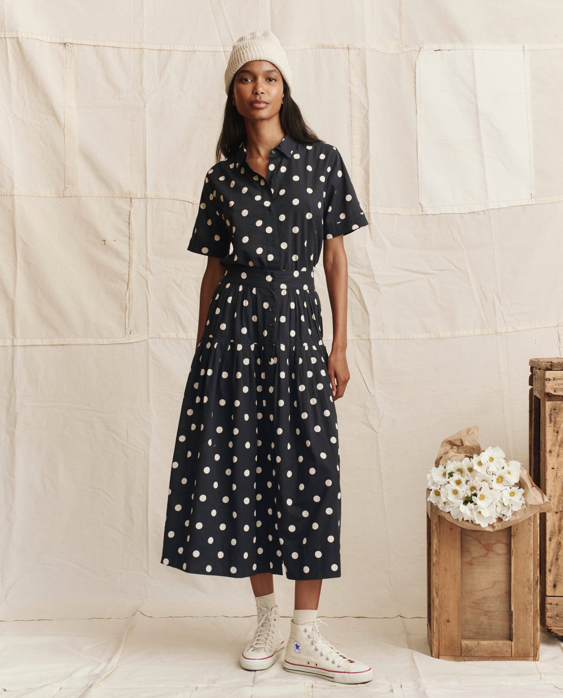 The Messenger Top. -- Navy with Cream Polka Dots