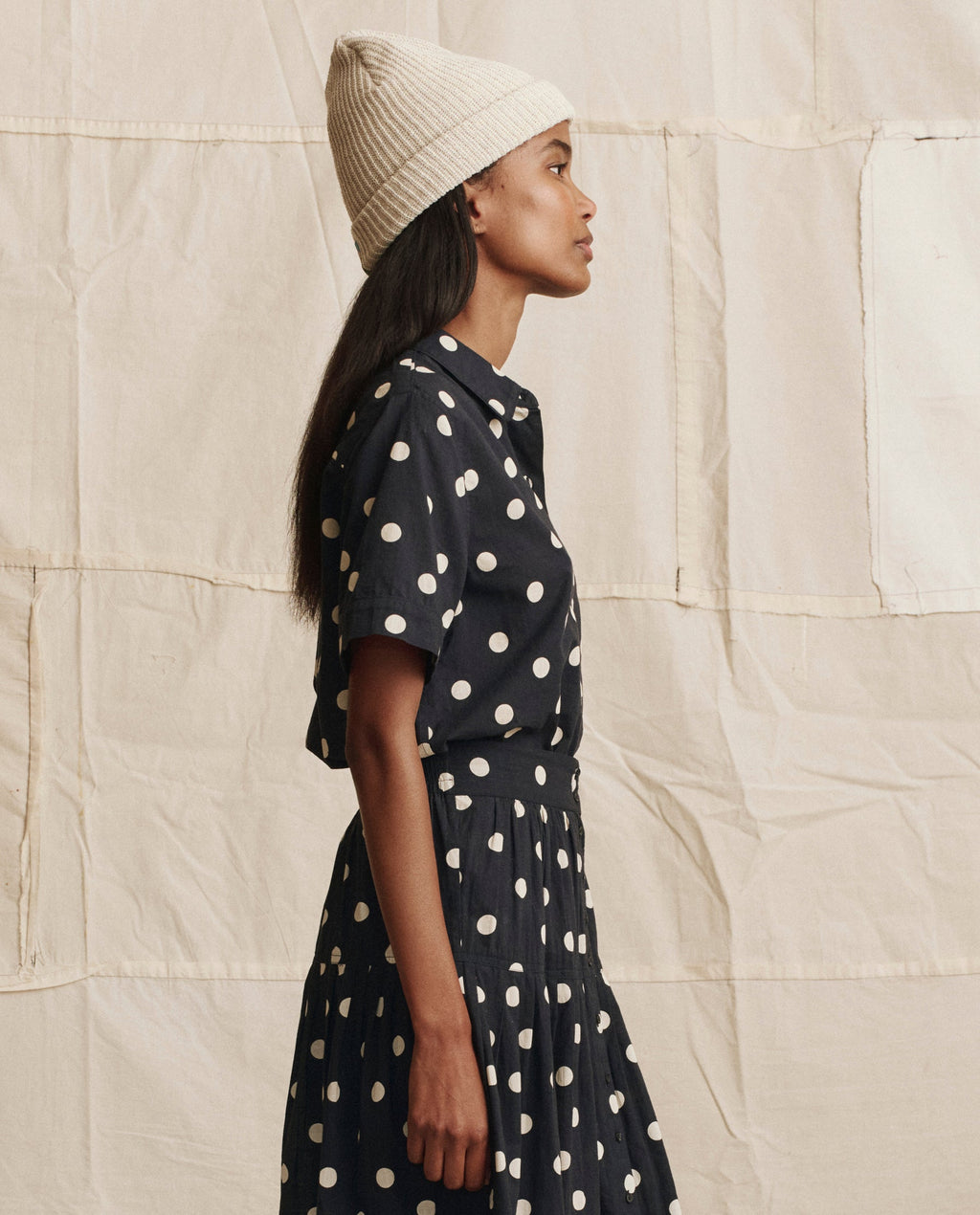 The Messenger Top. -- Navy with Cream Polka Dots