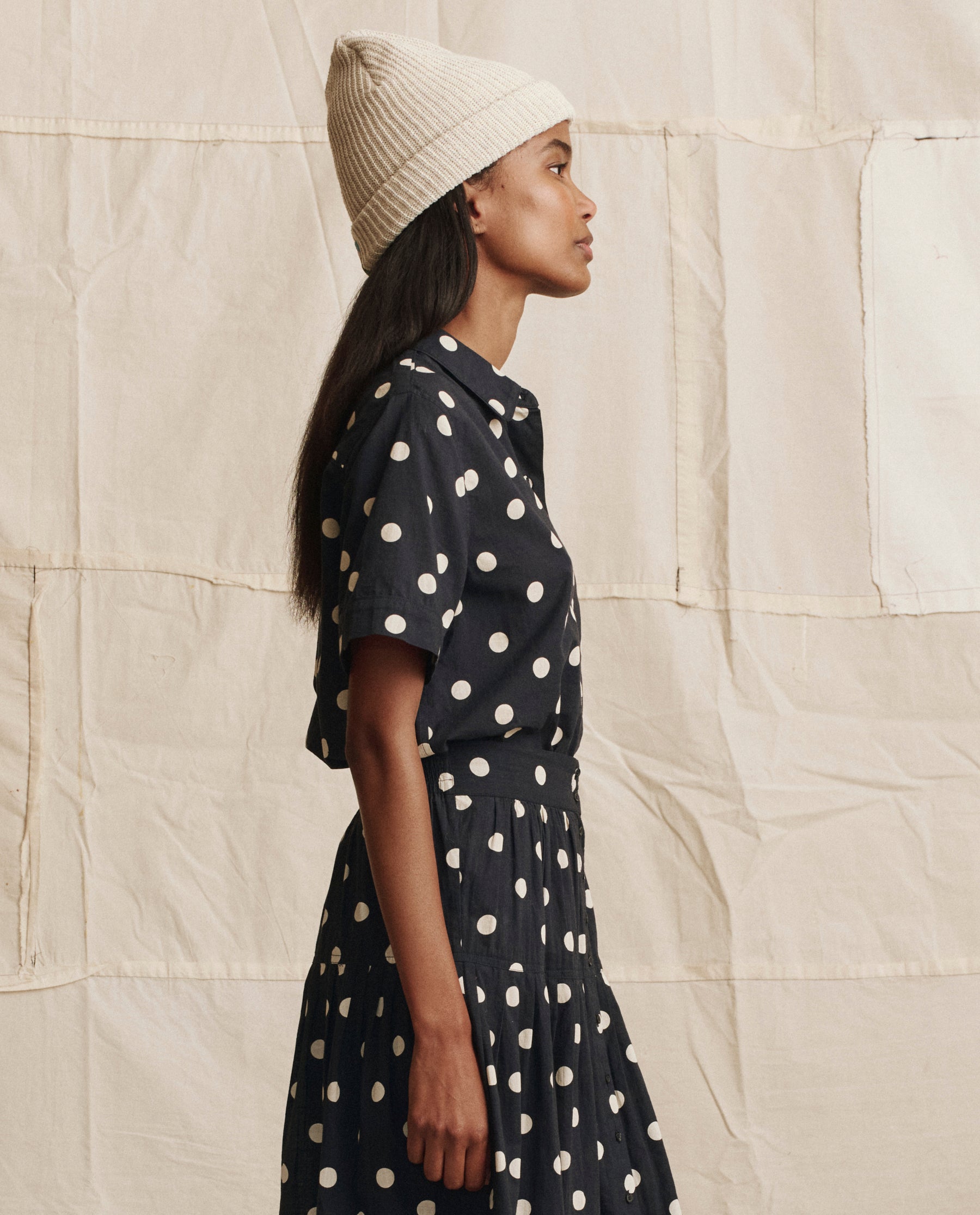 The Messenger Top. -- Navy with Cream Polka Dots