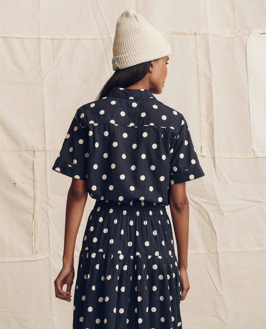 The Messenger Top. -- Navy with Cream Polka Dots