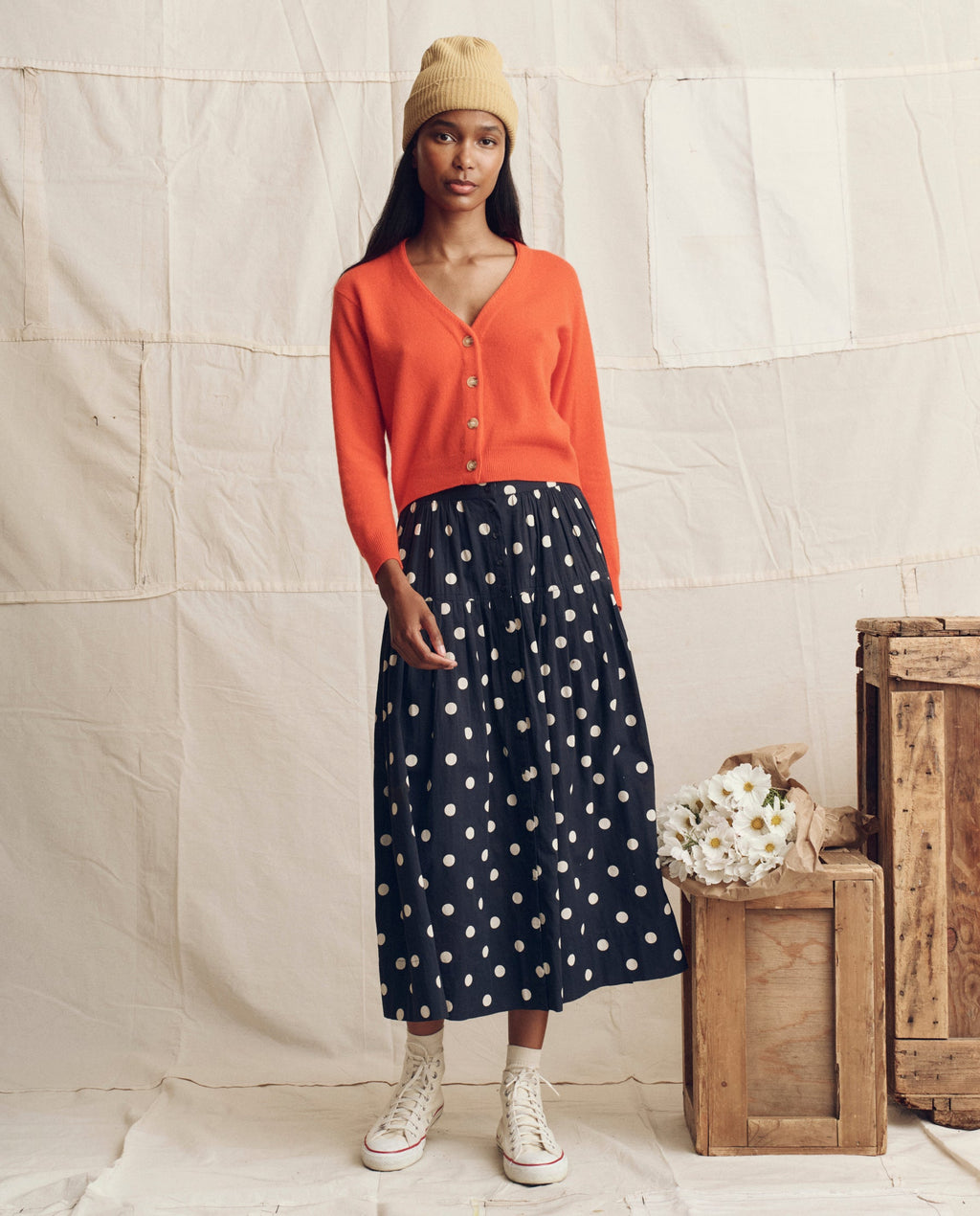The Cashmere Tiny V Neck Cardigan. -- Hot Orange