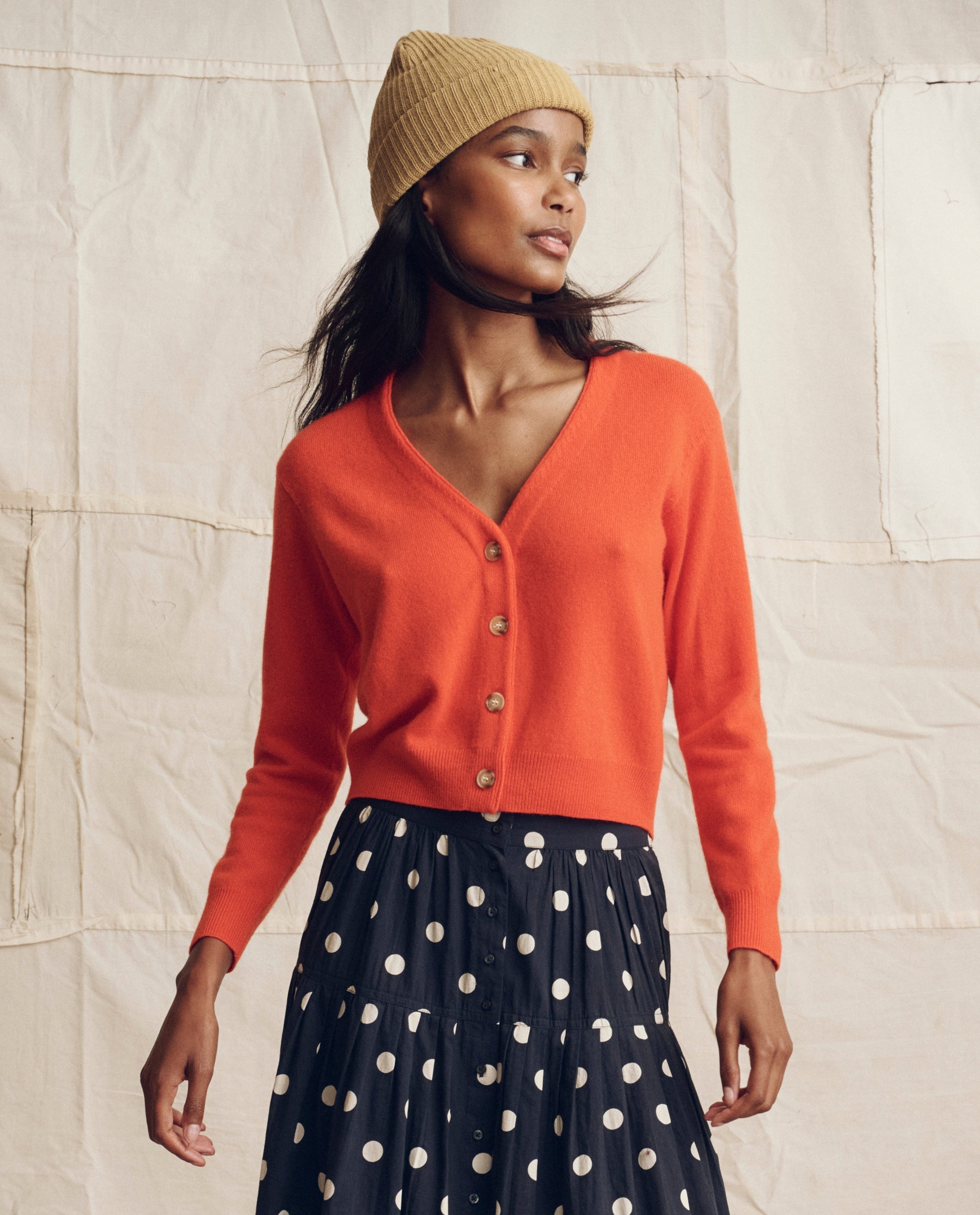 The Cashmere Tiny V Neck Cardigan. -- Hot Orange