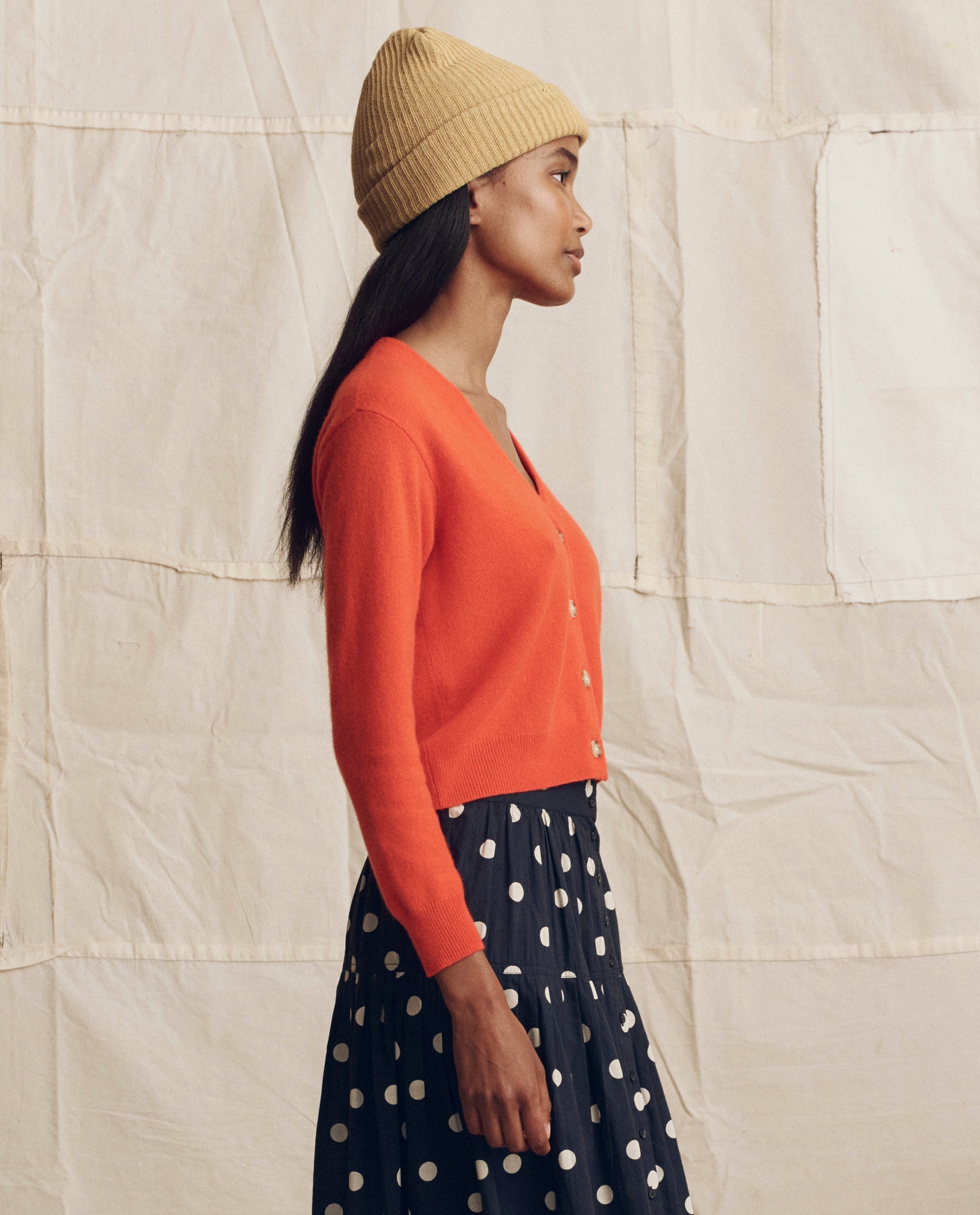 The Cashmere Tiny V Neck Cardigan. -- Hot Orange