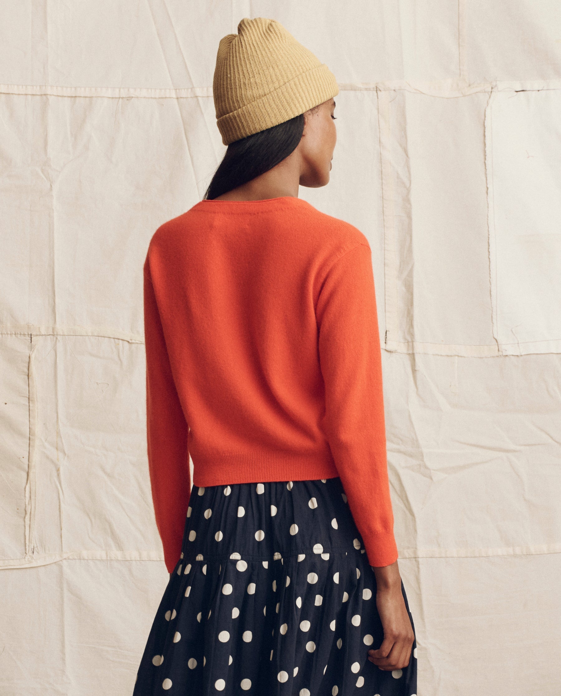 The Cashmere Tiny V Neck Cardigan. -- Hot Orange