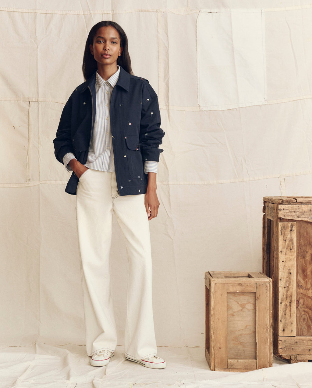 The Folsom Jacket. Embroidered -- Navy with Tossed Floral Embroidery