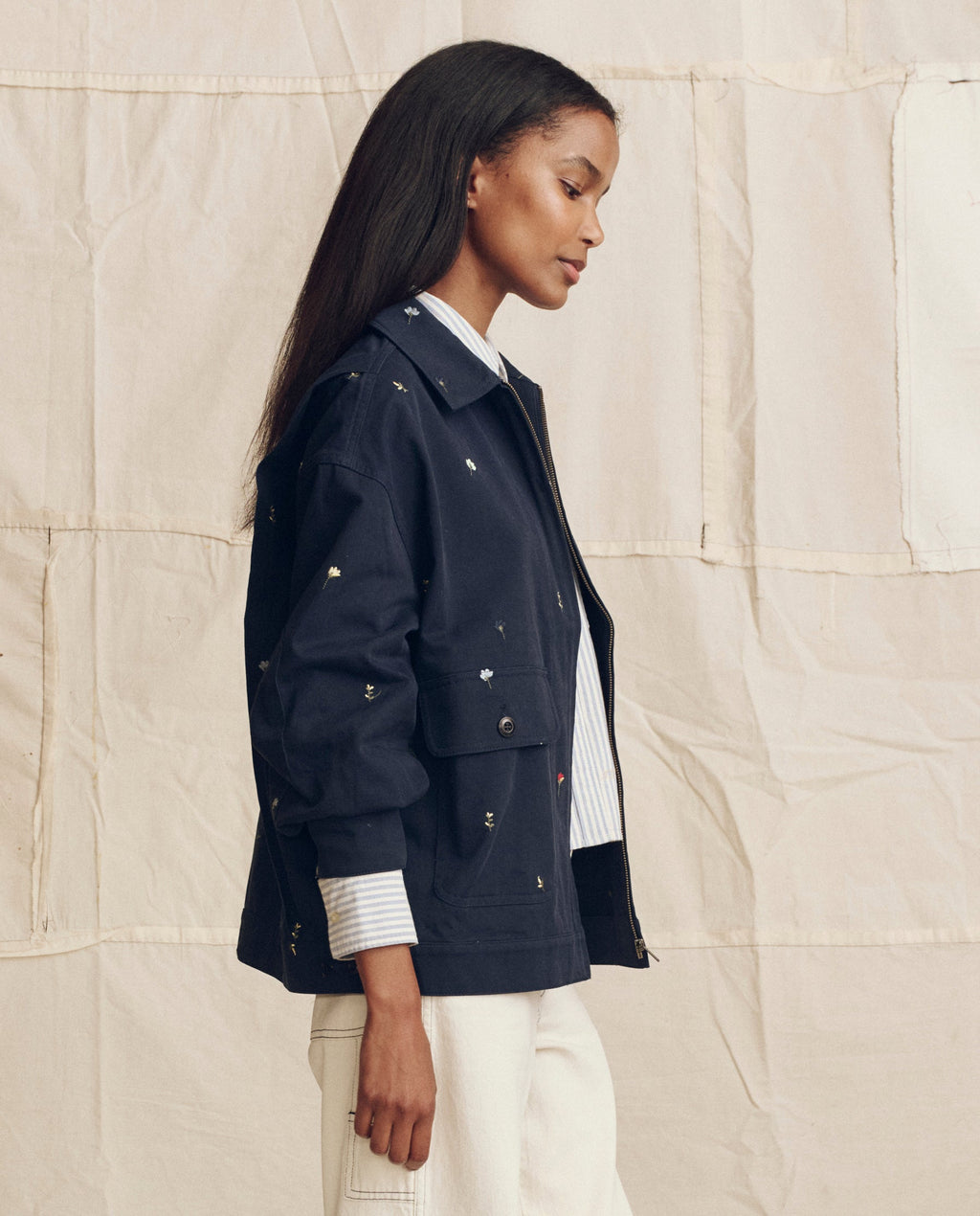 The Folsom Jacket. Embroidered -- Navy with Tossed Floral Embroidery