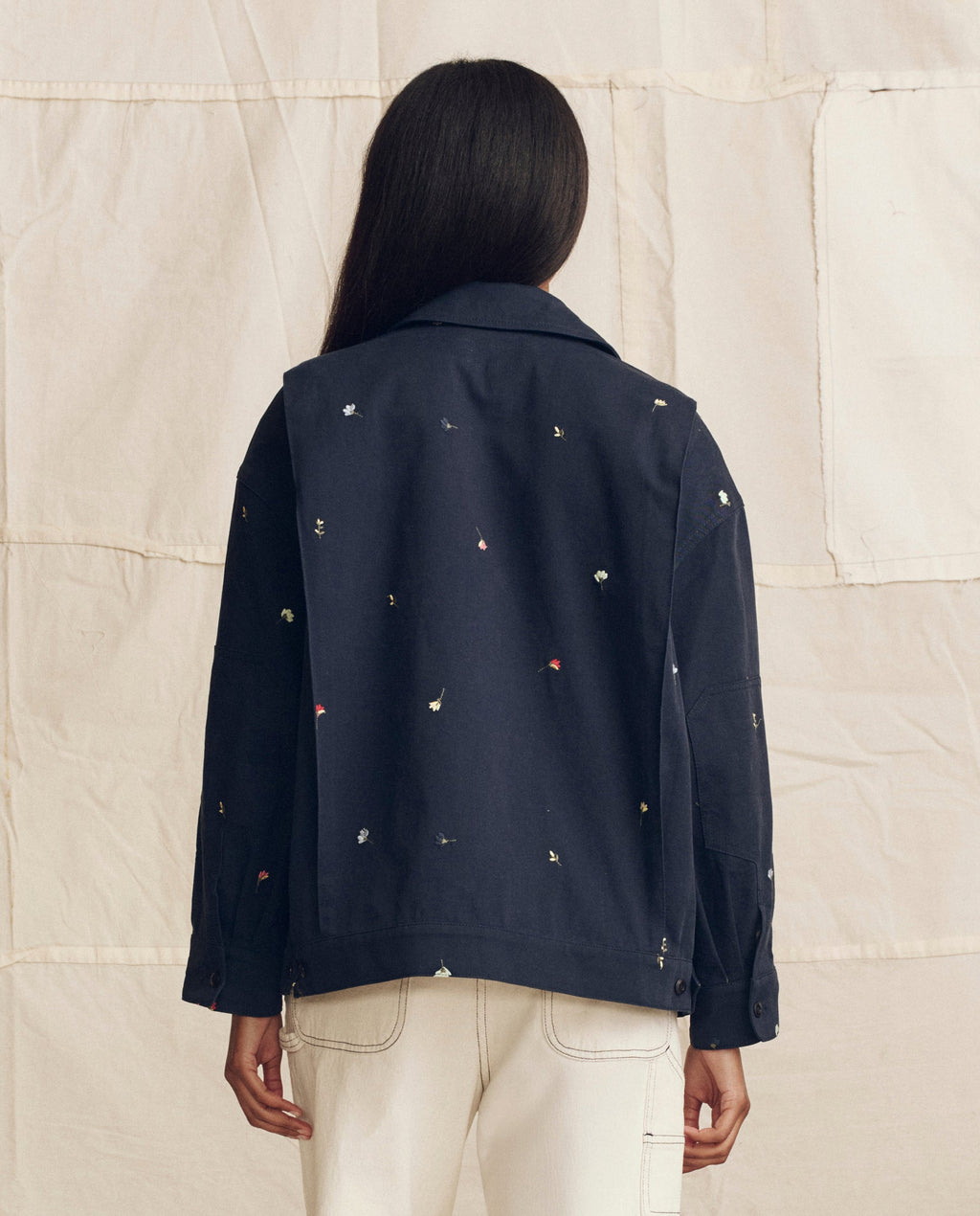 The Folsom Jacket. Embroidered -- Navy with Tossed Floral Embroidery