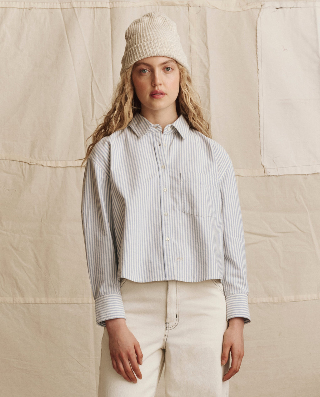 The Cropped Oxford Shirt. -- Soft Blue Stripe