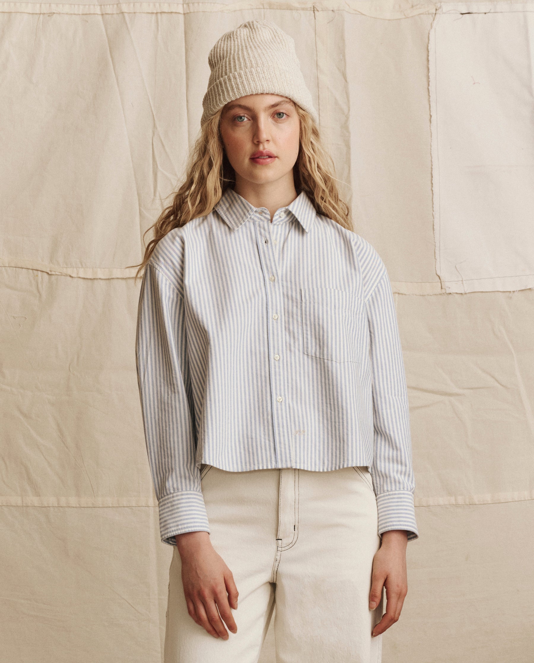 The Cropped Oxford Shirt. -- Soft Blue Stripe