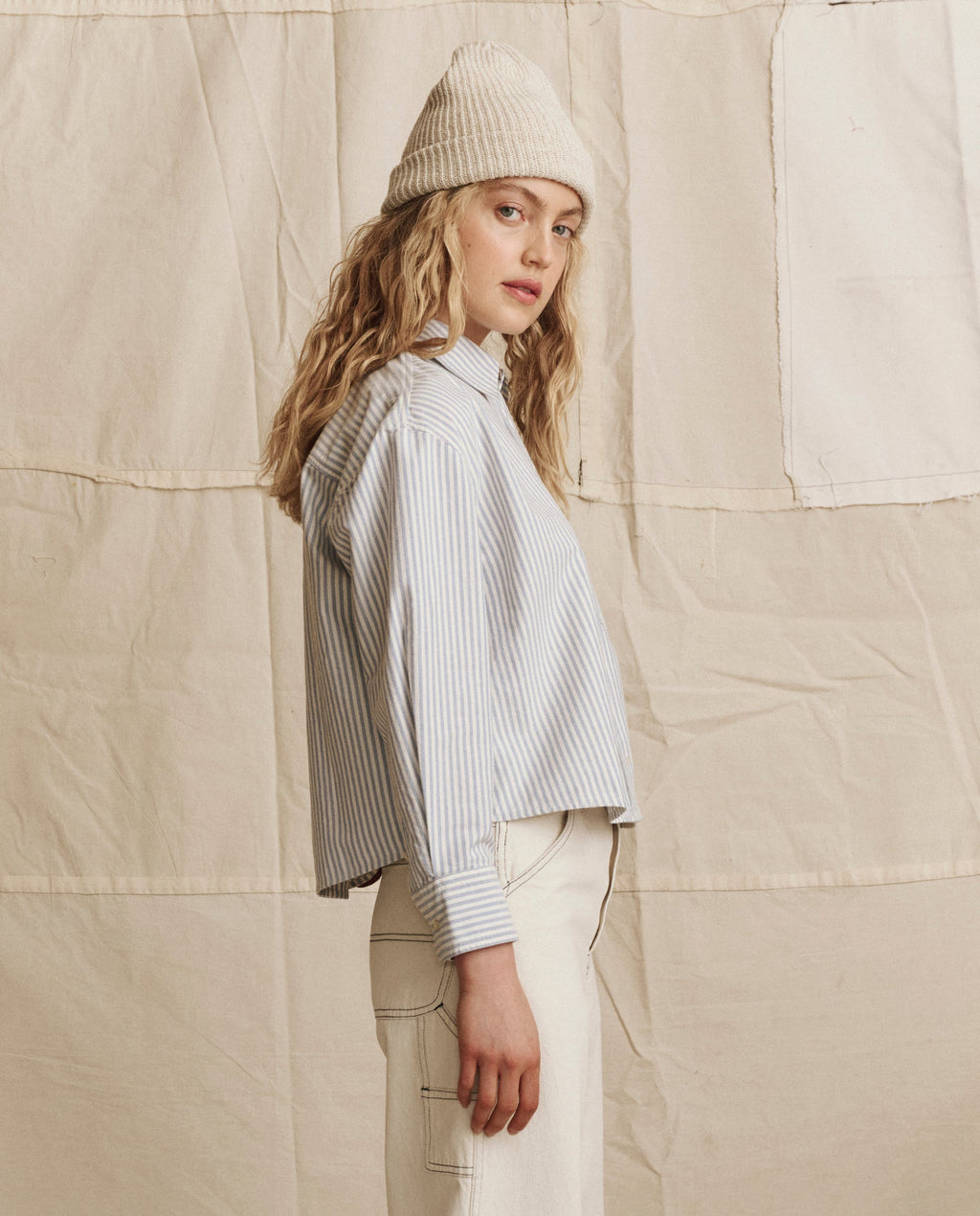 The Cropped Oxford Shirt. -- Soft Blue Stripe