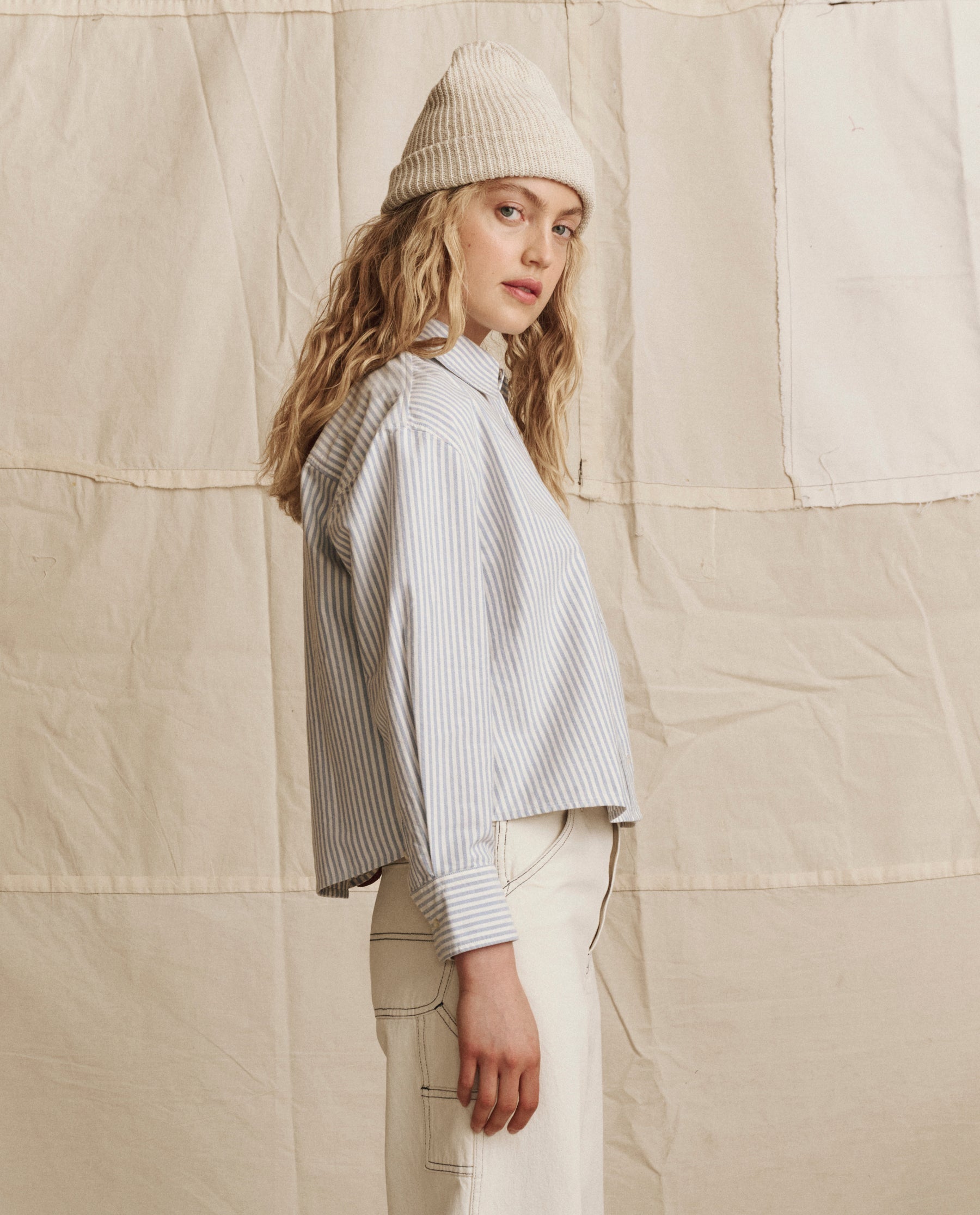 The Cropped Oxford Shirt. -- Soft Blue Stripe