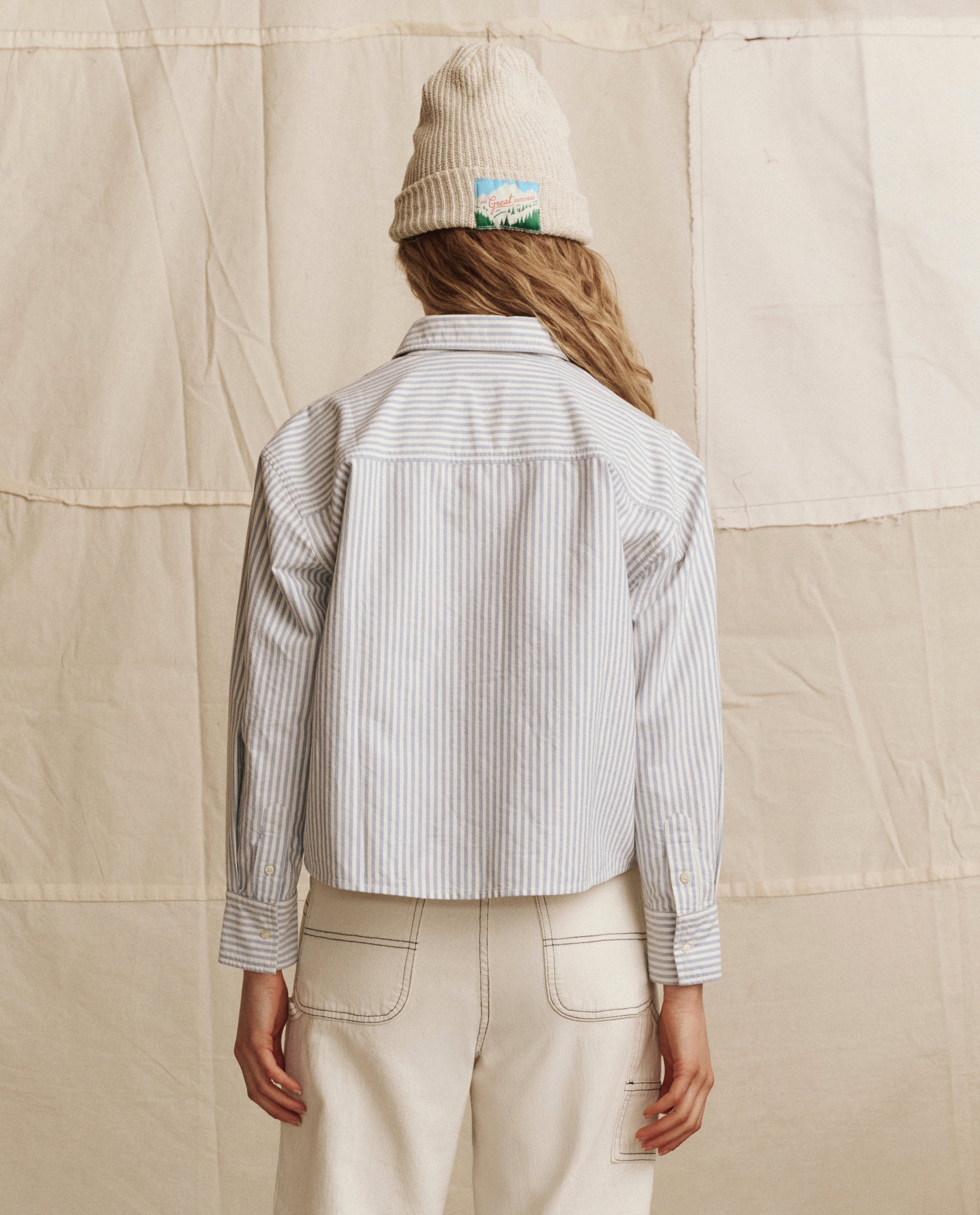The Cropped Oxford Shirt. -- Soft Blue Stripe