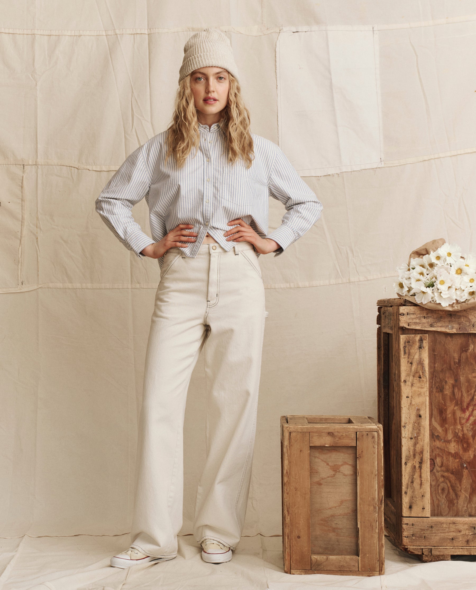 The Cropped Oxford Shirt. -- Soft Blue Stripe