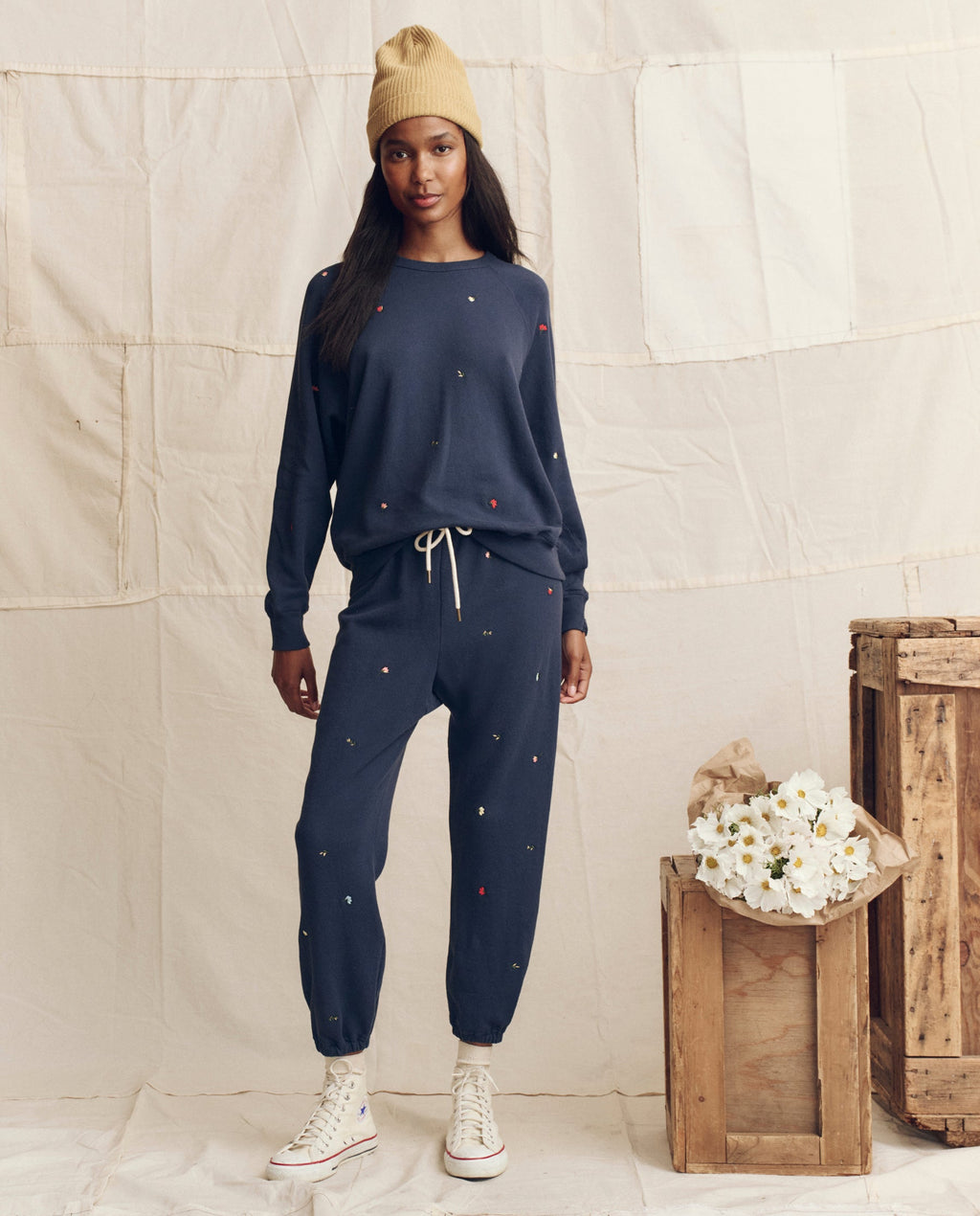 The College Sweatshirt. Embroidered -- Navy with Tossed Floral Embroidery
