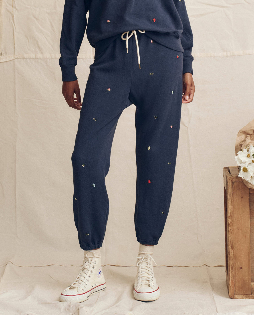 The Stadium Sweatpant. Embroidered -- Navy with Tossed Floral Embroidery