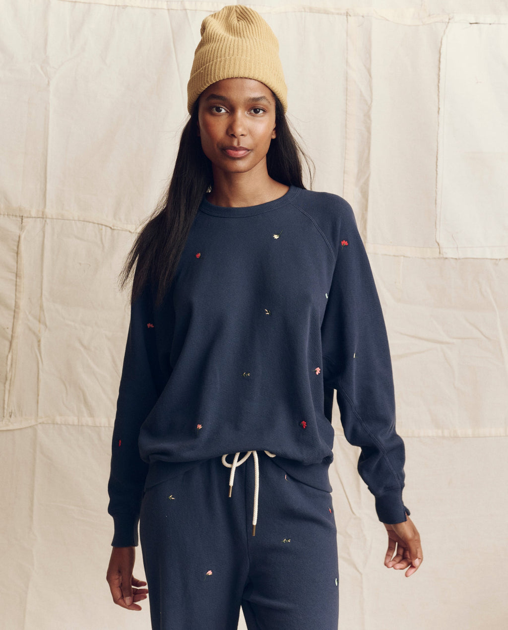 The College Sweatshirt. Embroidered -- Navy with Tossed Floral Embroidery