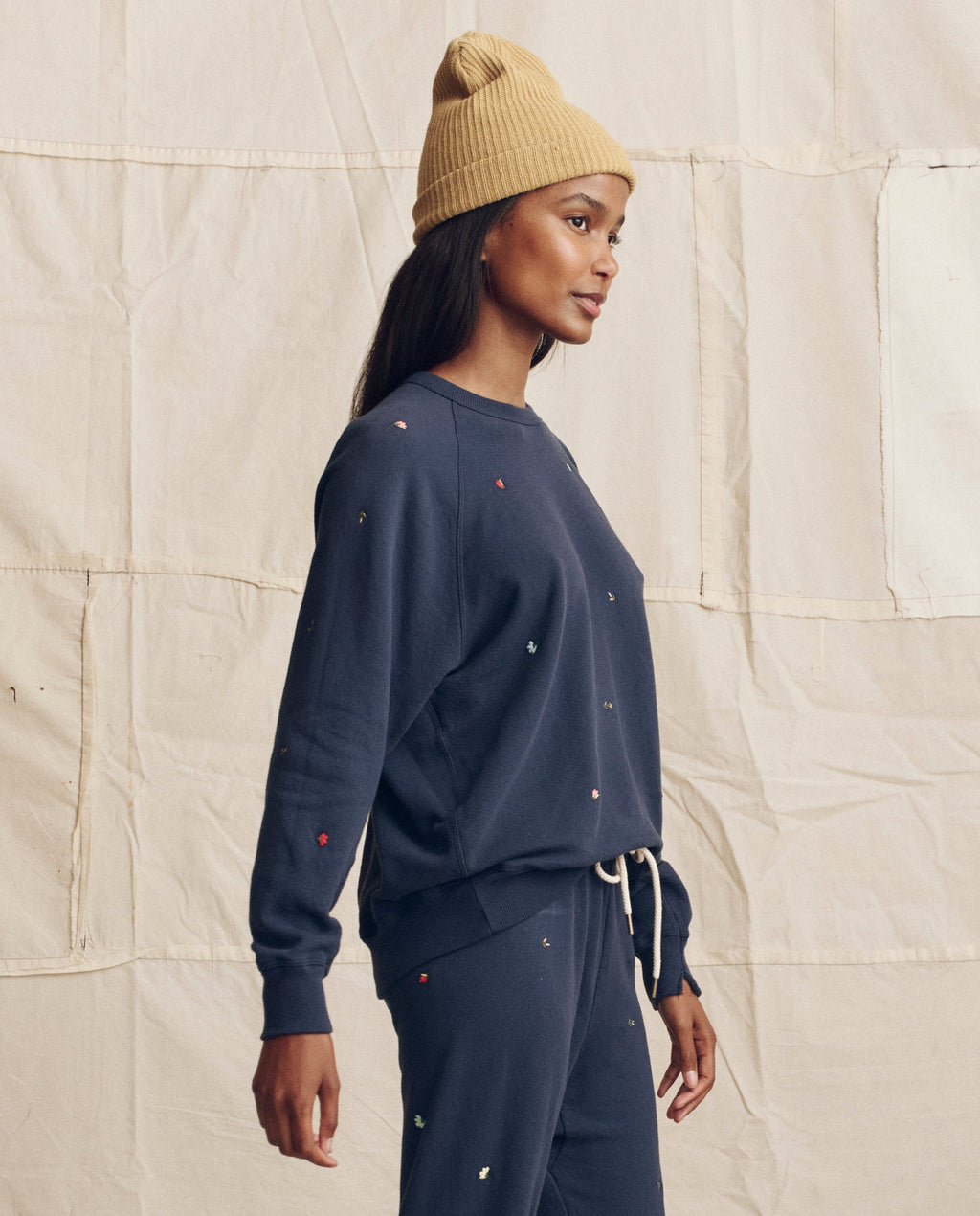 The College Sweatshirt. Embroidered -- Navy with Tossed Floral Embroidery