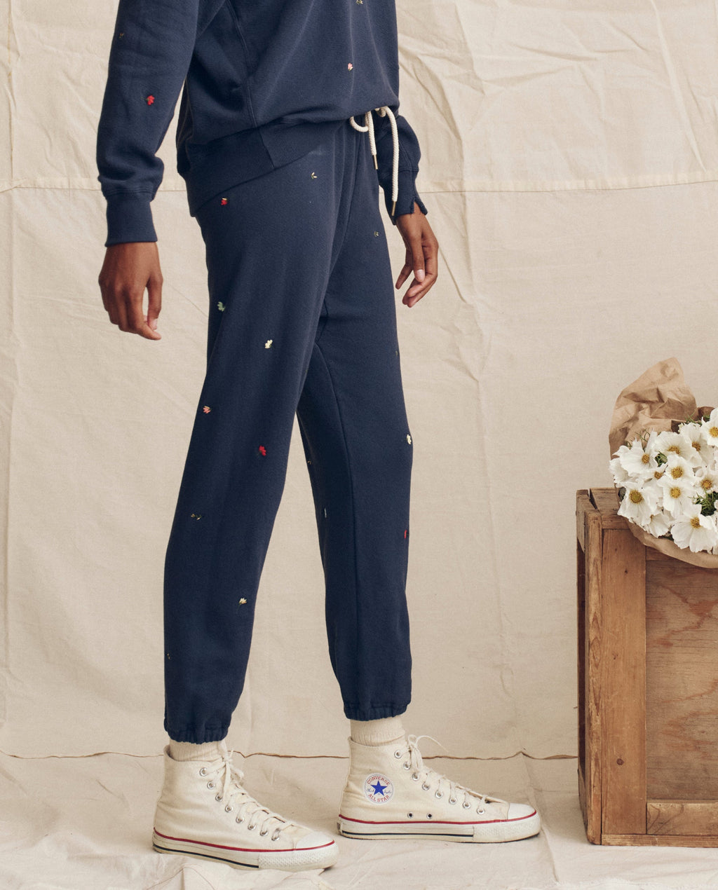 The Stadium Sweatpant. Embroidered -- Navy with Tossed Floral Embroidery