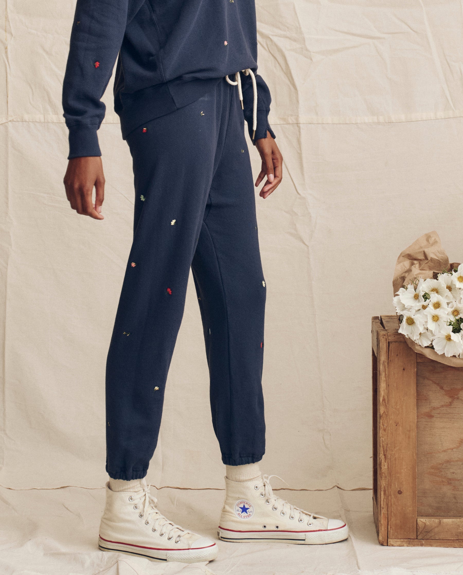 The Stadium Sweatpant. Embroidered -- Navy with Tossed Floral Embroidery