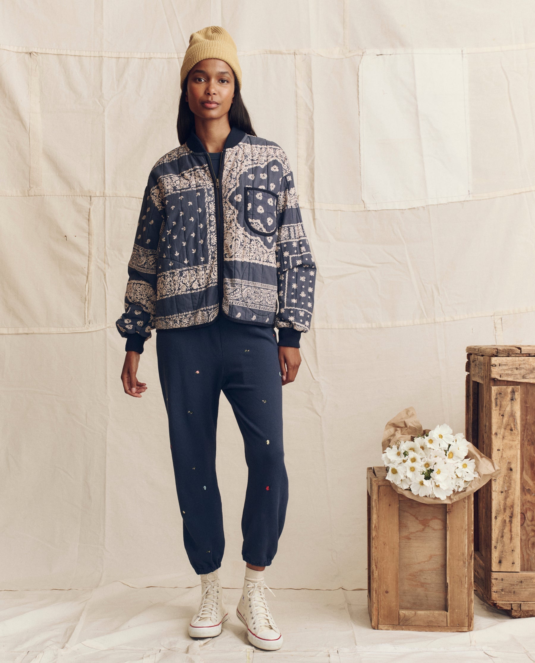 The Quilted Bomber. -- Navy Bandana Print