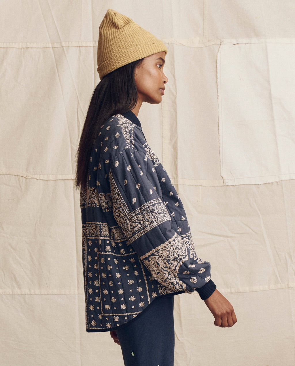 The Quilted Bomber. -- Navy Bandana Print