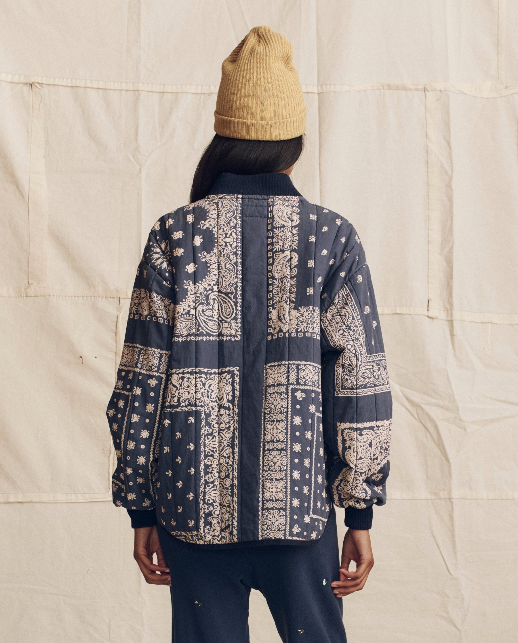 The Quilted Bomber. -- Navy Bandana Print
