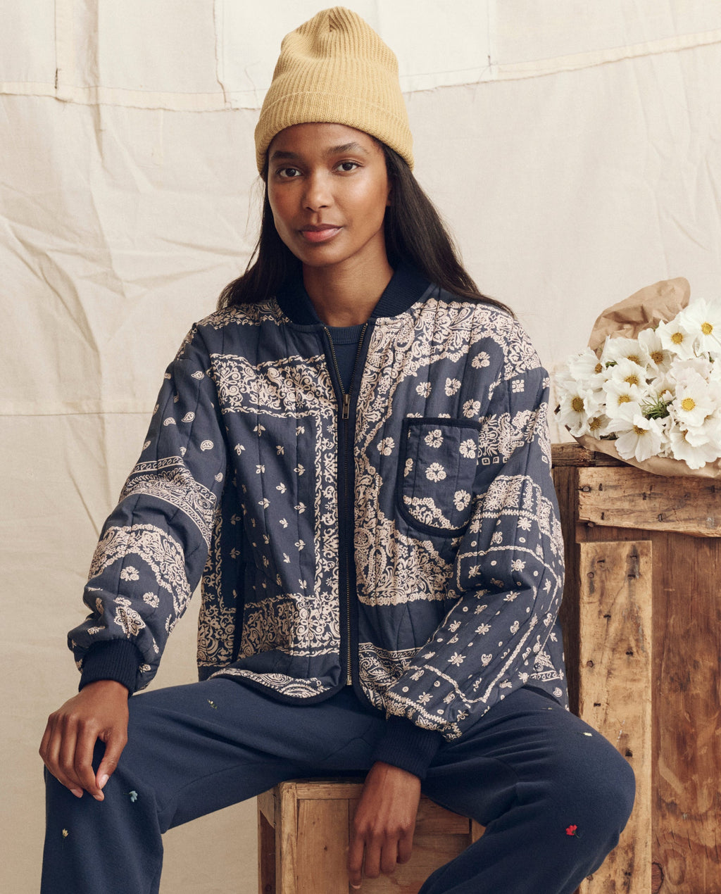 The Quilted Bomber. -- Navy Bandana Print