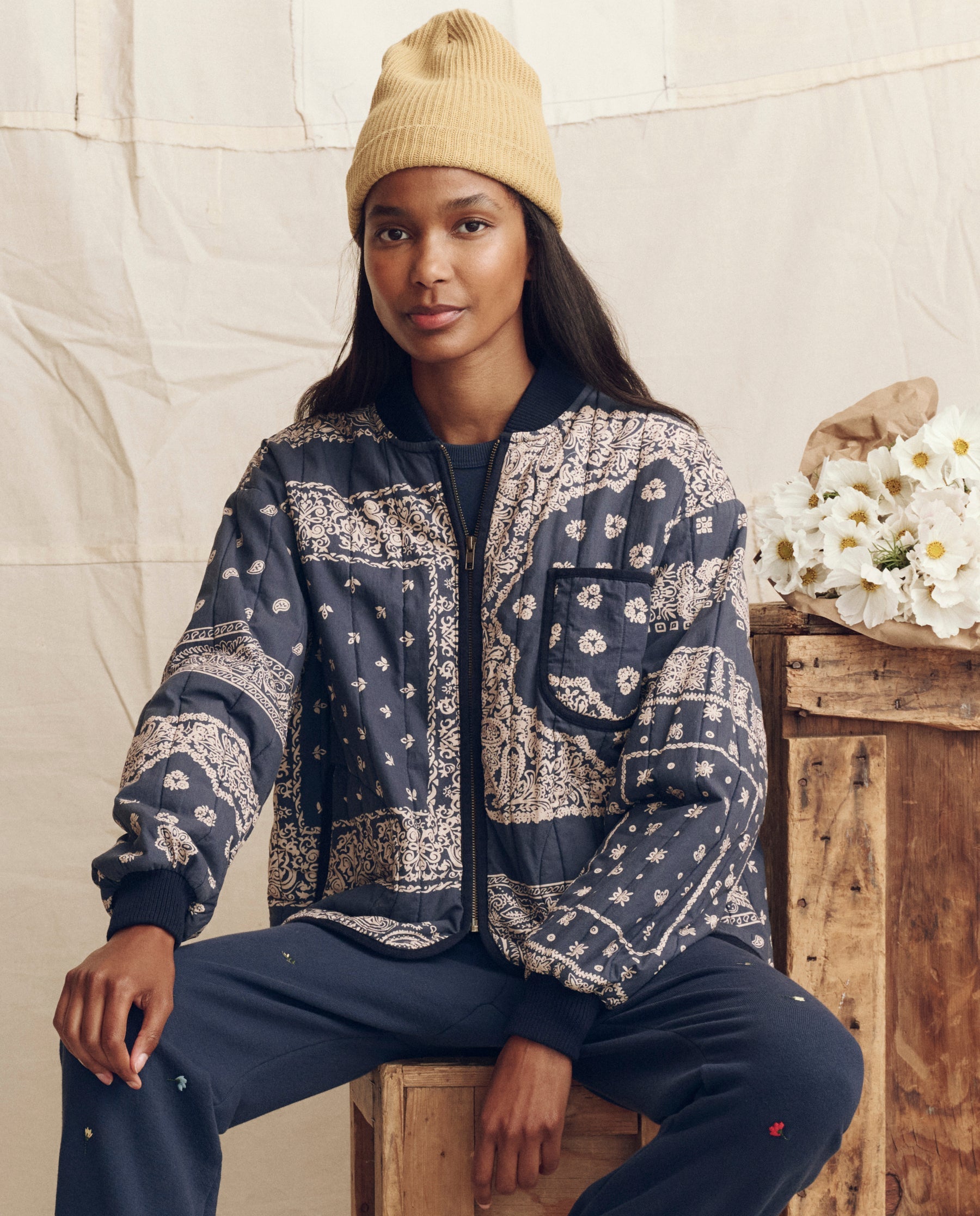 The Quilted Bomber. -- Navy Bandana Print