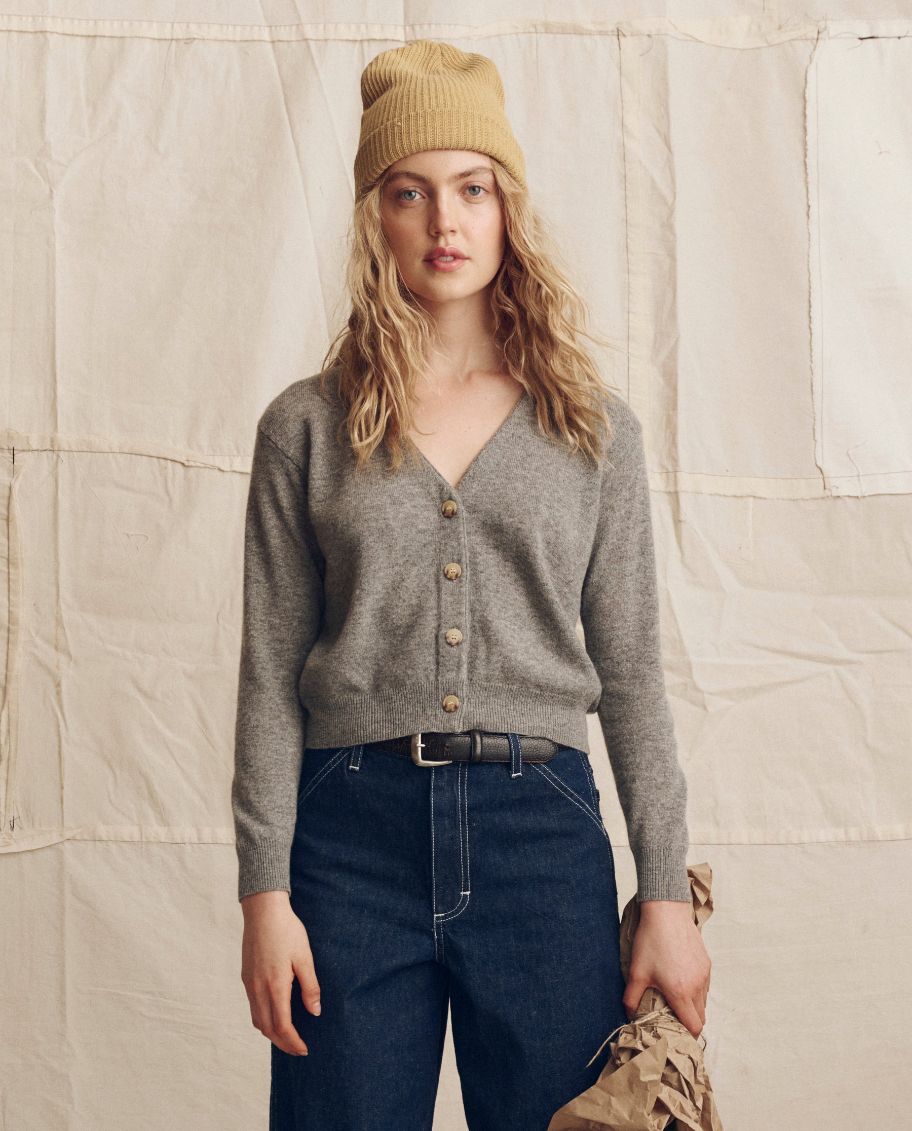The Cashmere Tiny V Neck Cardigan. -- Heather Grey
