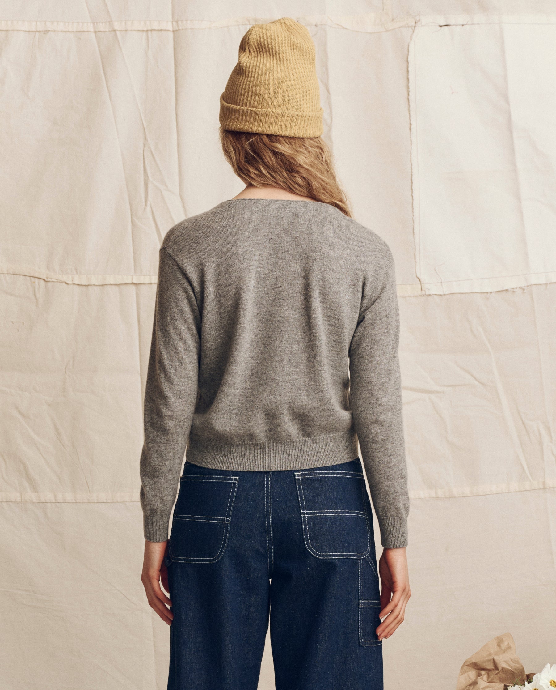 The Cashmere Tiny V Neck Cardigan. -- Heather Grey