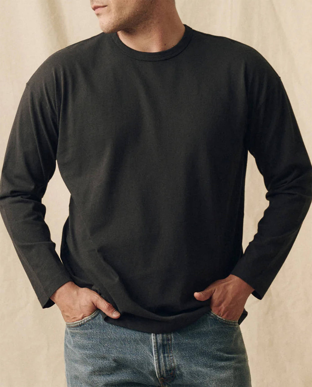 The Men's Pure Knits Long Sleeve Boxy Crew. Solid -- Almost Black