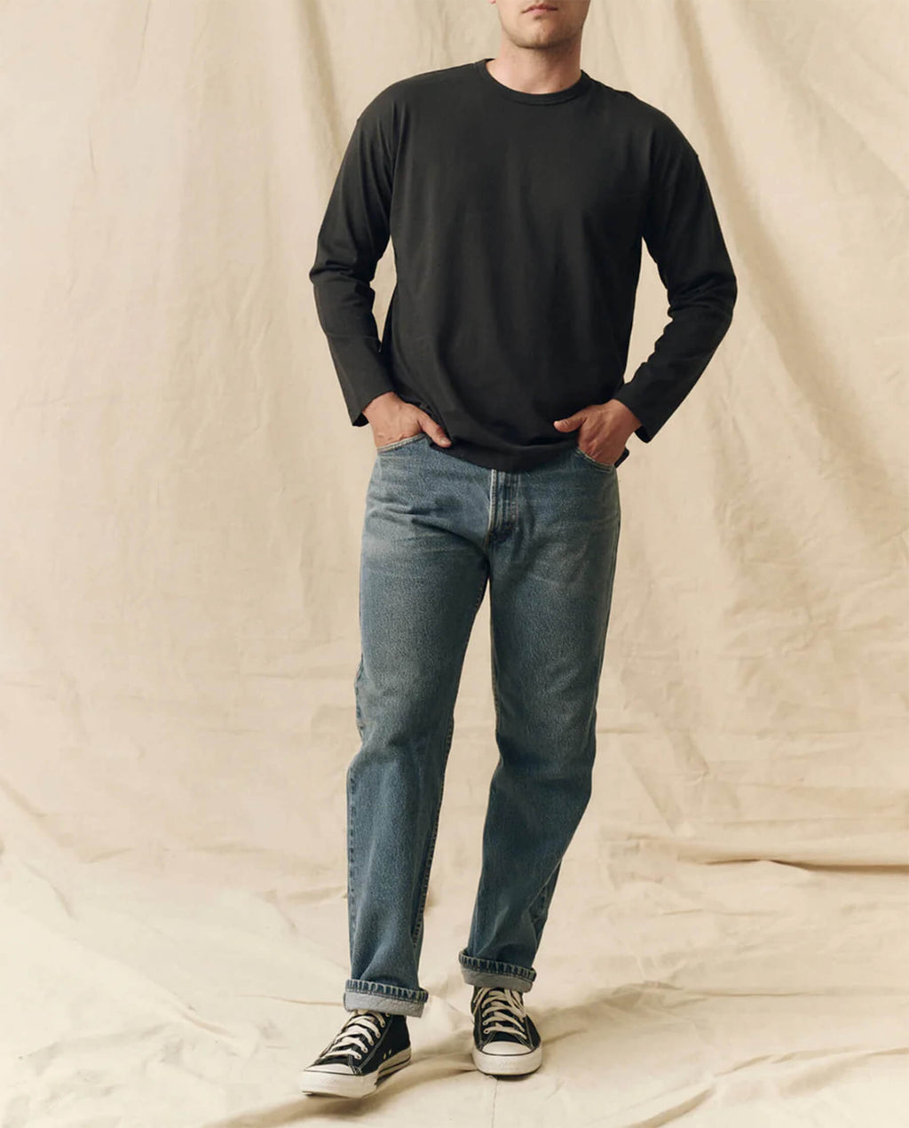 The Men's Pure Knits Long Sleeve Boxy Crew. Solid -- Almost Black