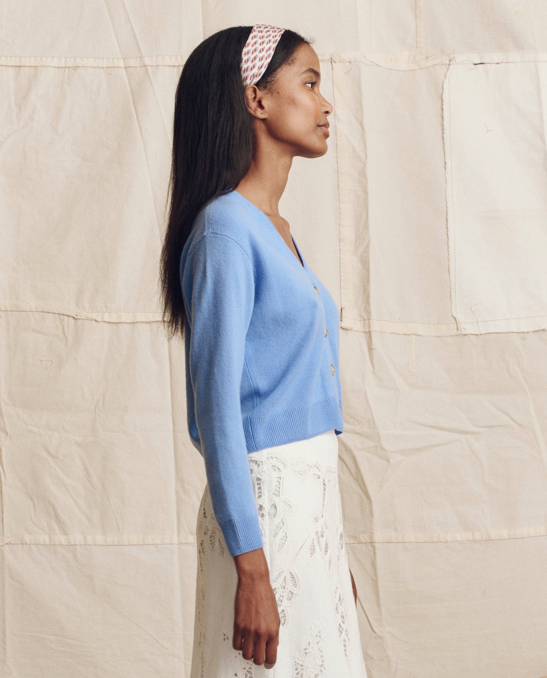 The Cashmere Tiny V Neck Cardigan. -- Soft Blue