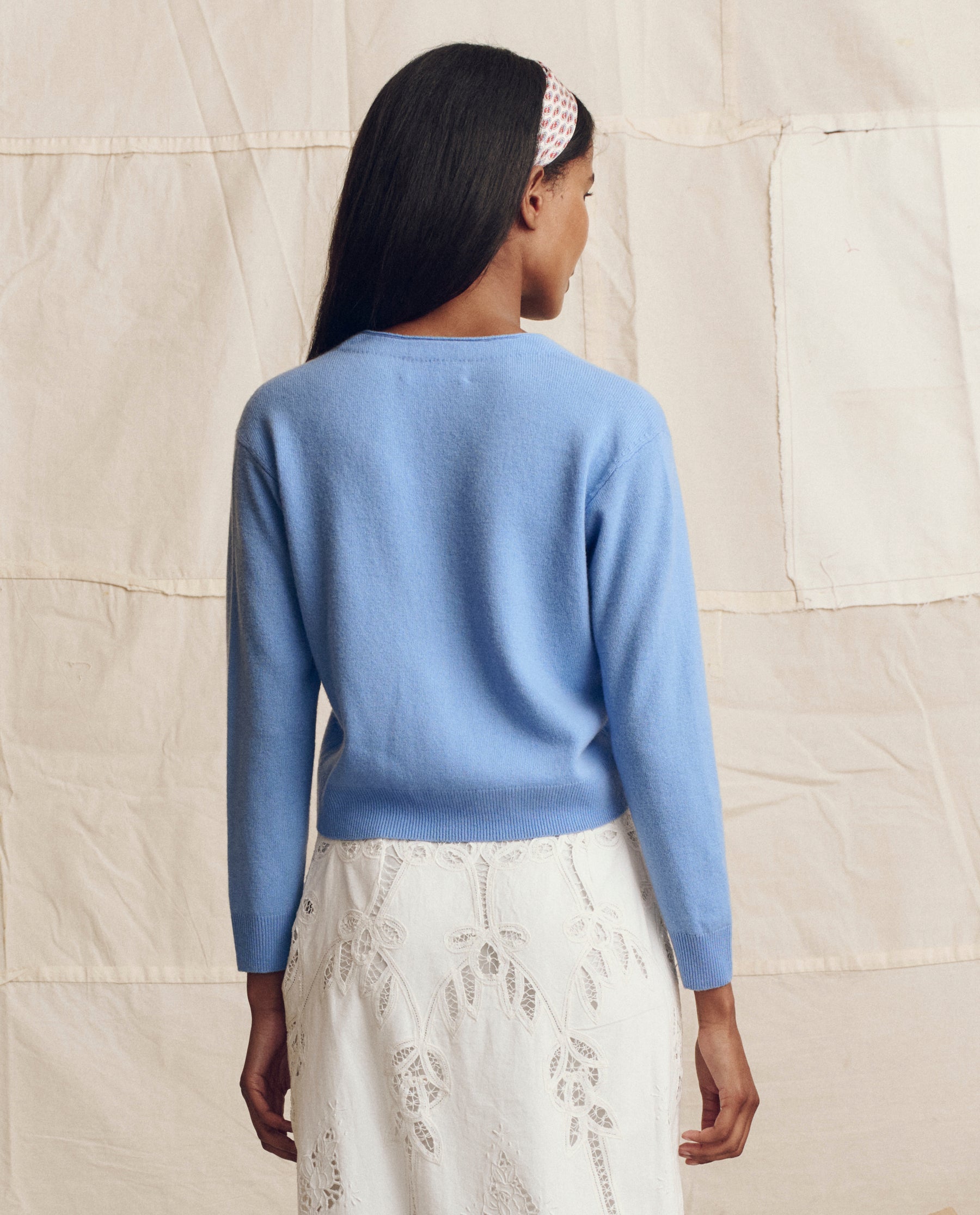 The Cashmere Tiny V Neck Cardigan. -- Soft Blue