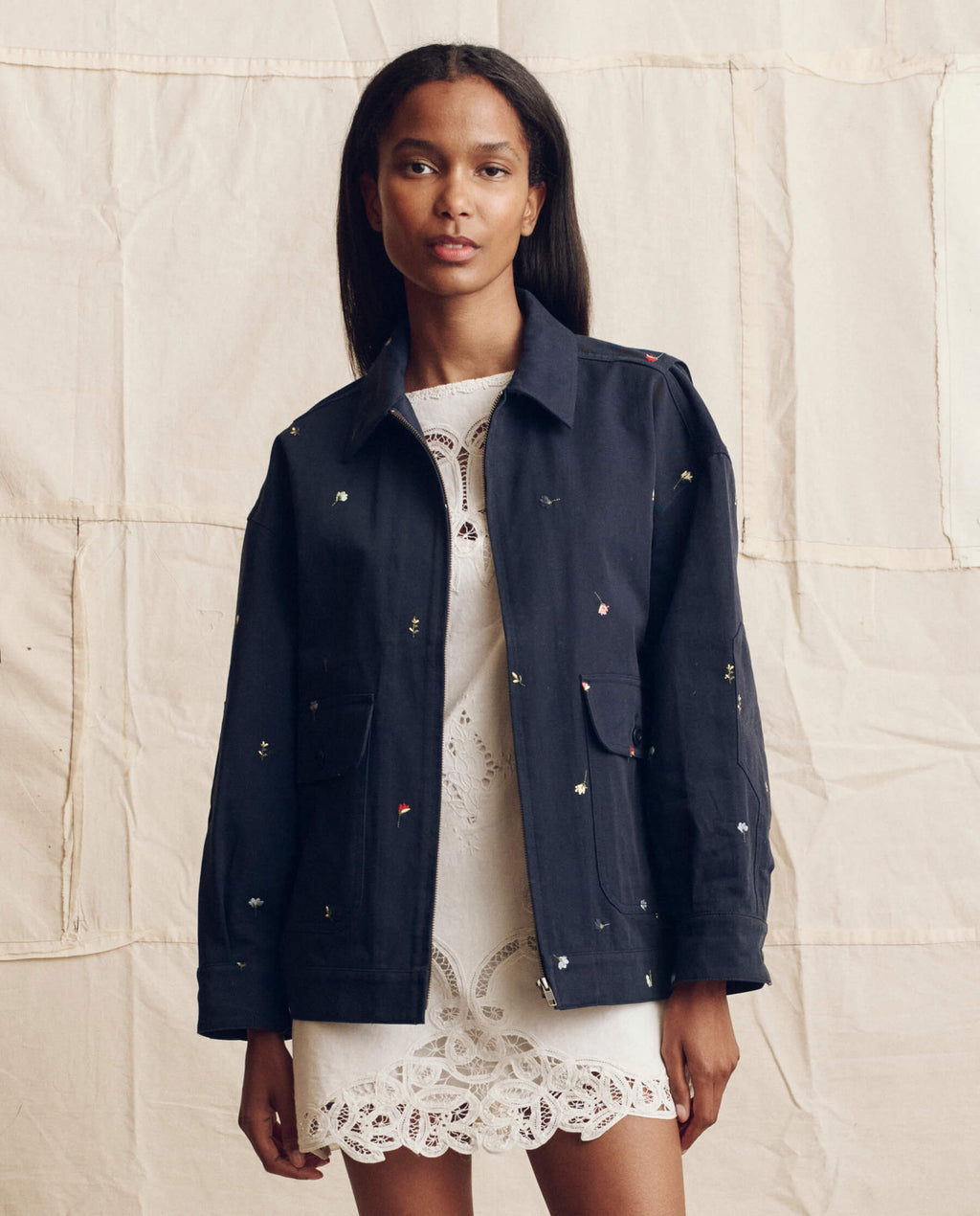 The Folsom Jacket. Embroidered -- Navy with Tossed Floral Embroidery