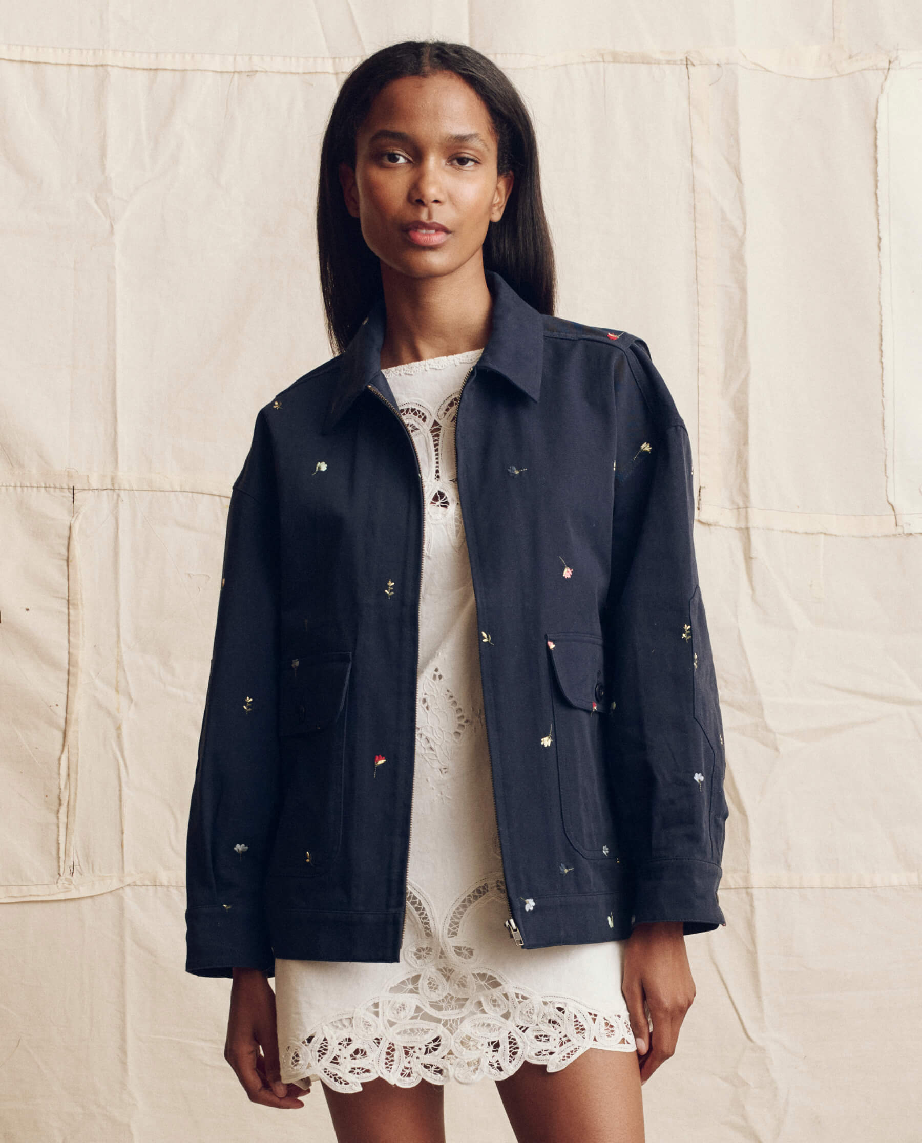 The Folsom Jacket. Embroidered -- Navy with Tossed Floral Embroidery