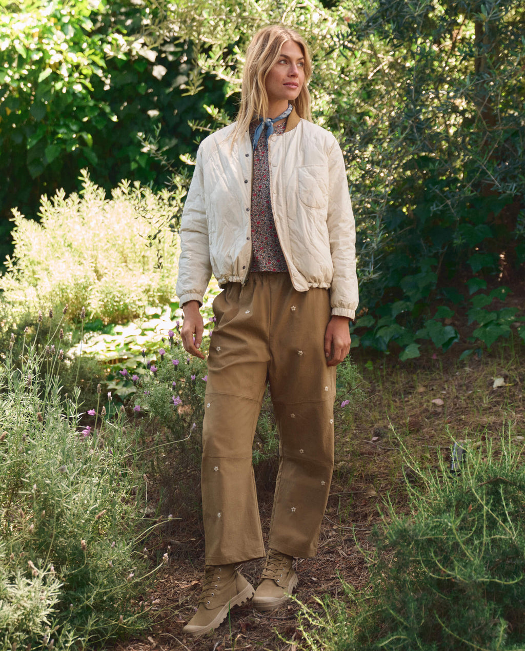 The Embroidered Outpost Pant. -- Khaki With Cream Daisies