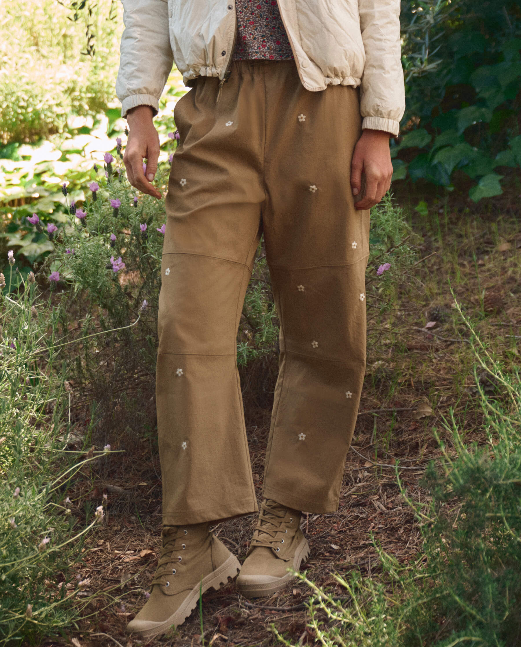 The Embroidered Outpost Pant. -- Khaki With Cream Daisies