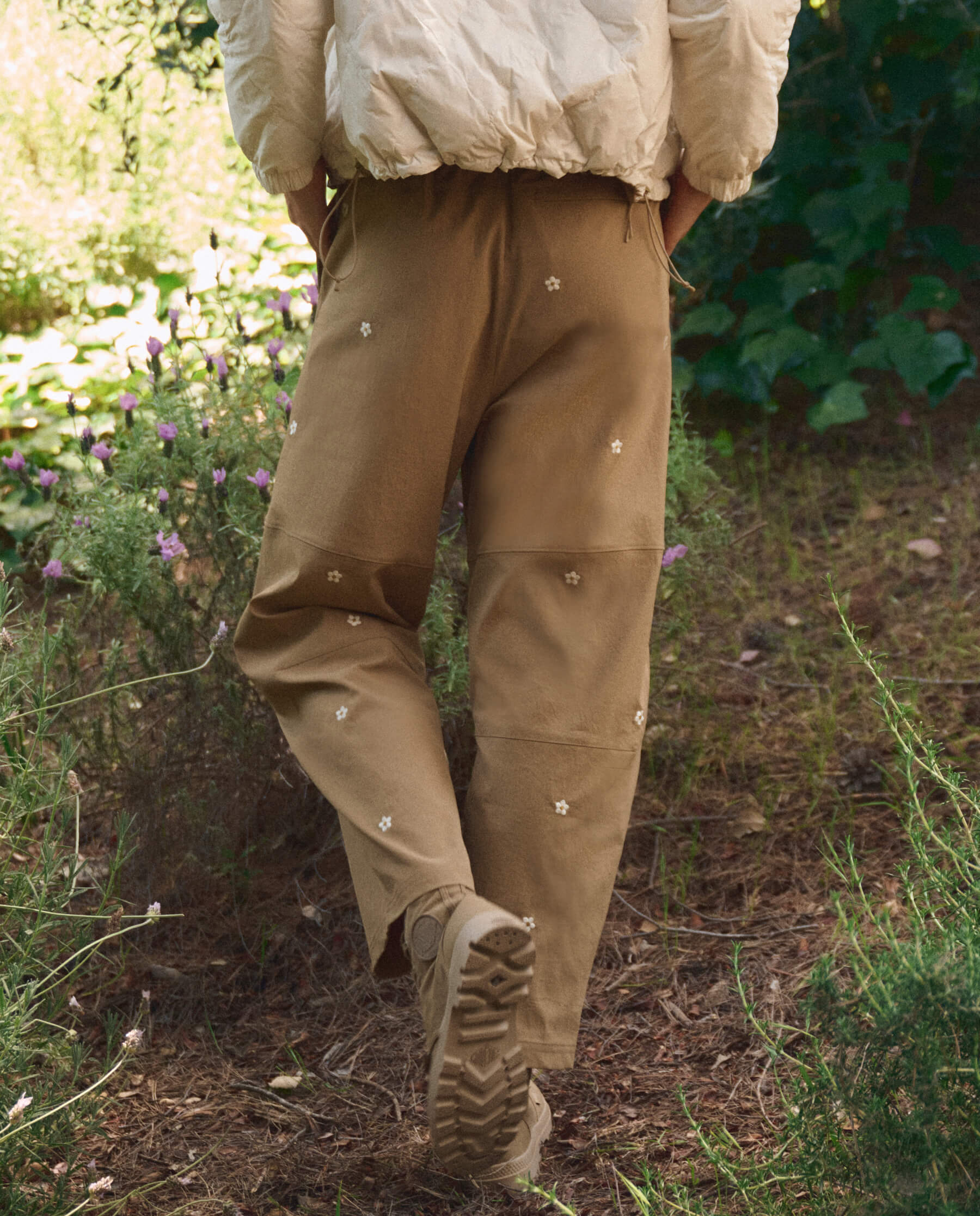 The Embroidered Outpost Pant. -- Khaki With Cream Daisies