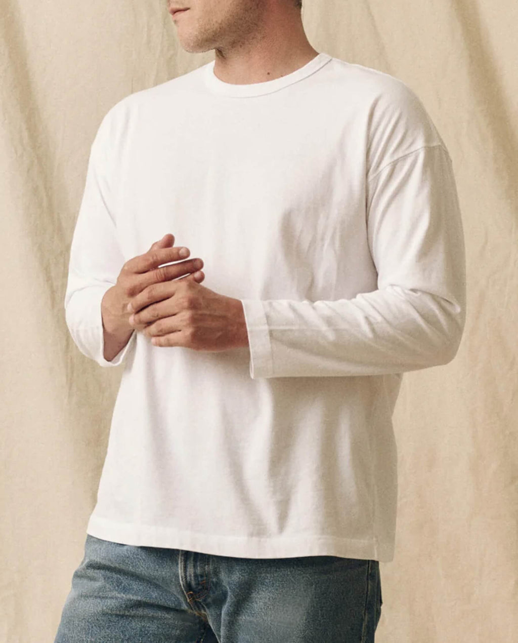 The Men's Pure Knits Long Sleeve Boxy Crew. Solid -- True White