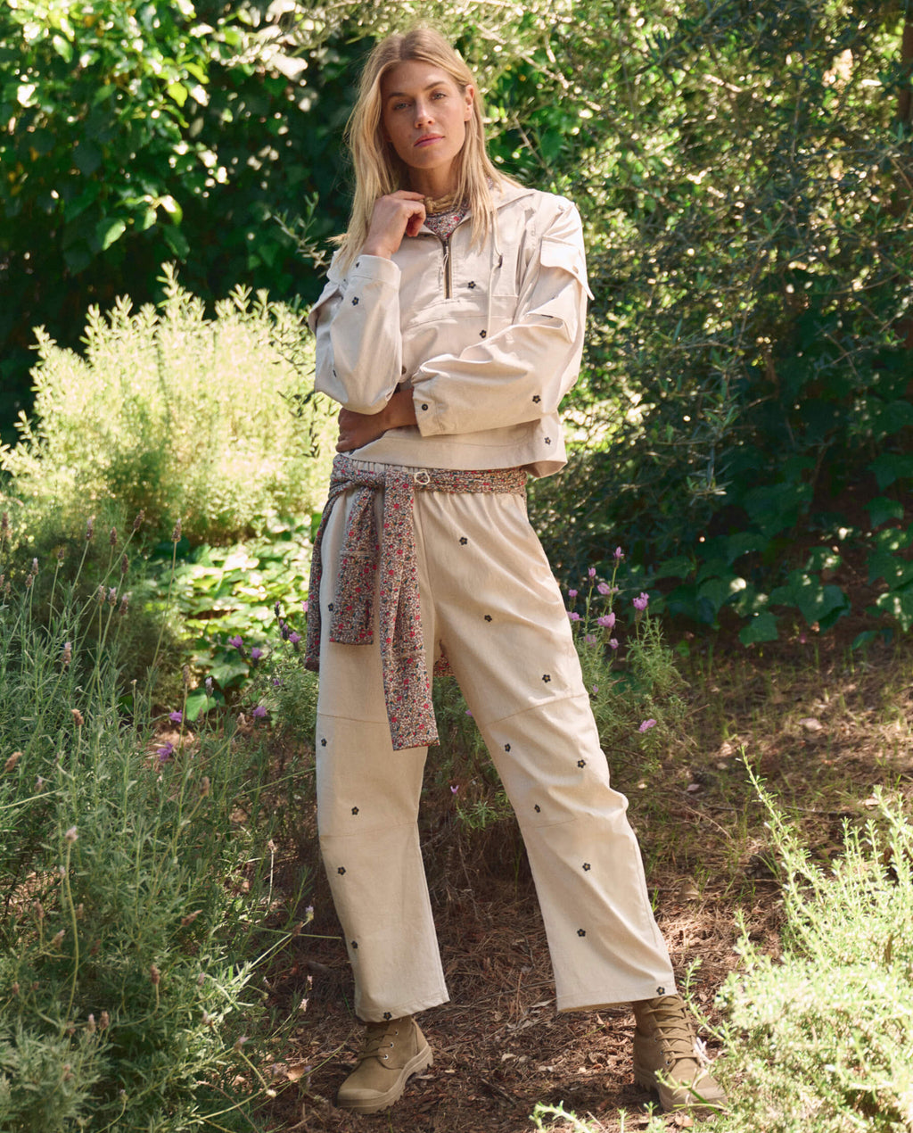 The Embroidered Outpost Pant. -- Cream With Black Daisies