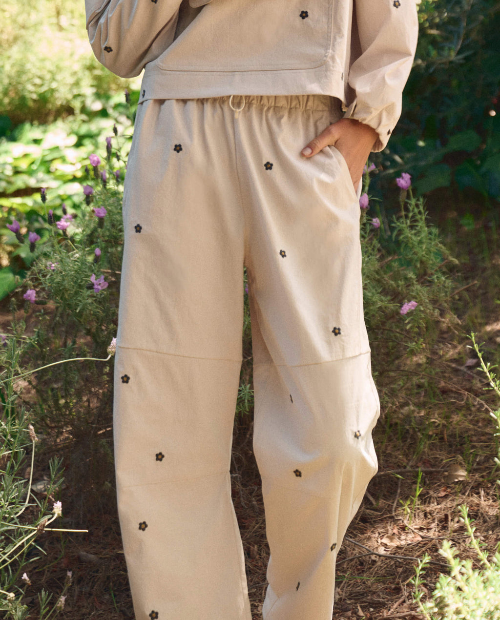 The Embroidered Outpost Pant. -- Cream With Black Daisies