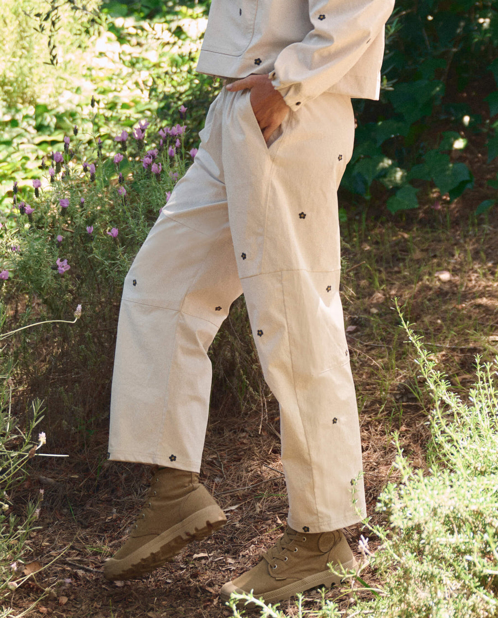 The Embroidered Outpost Pant. -- Cream With Black Daisies