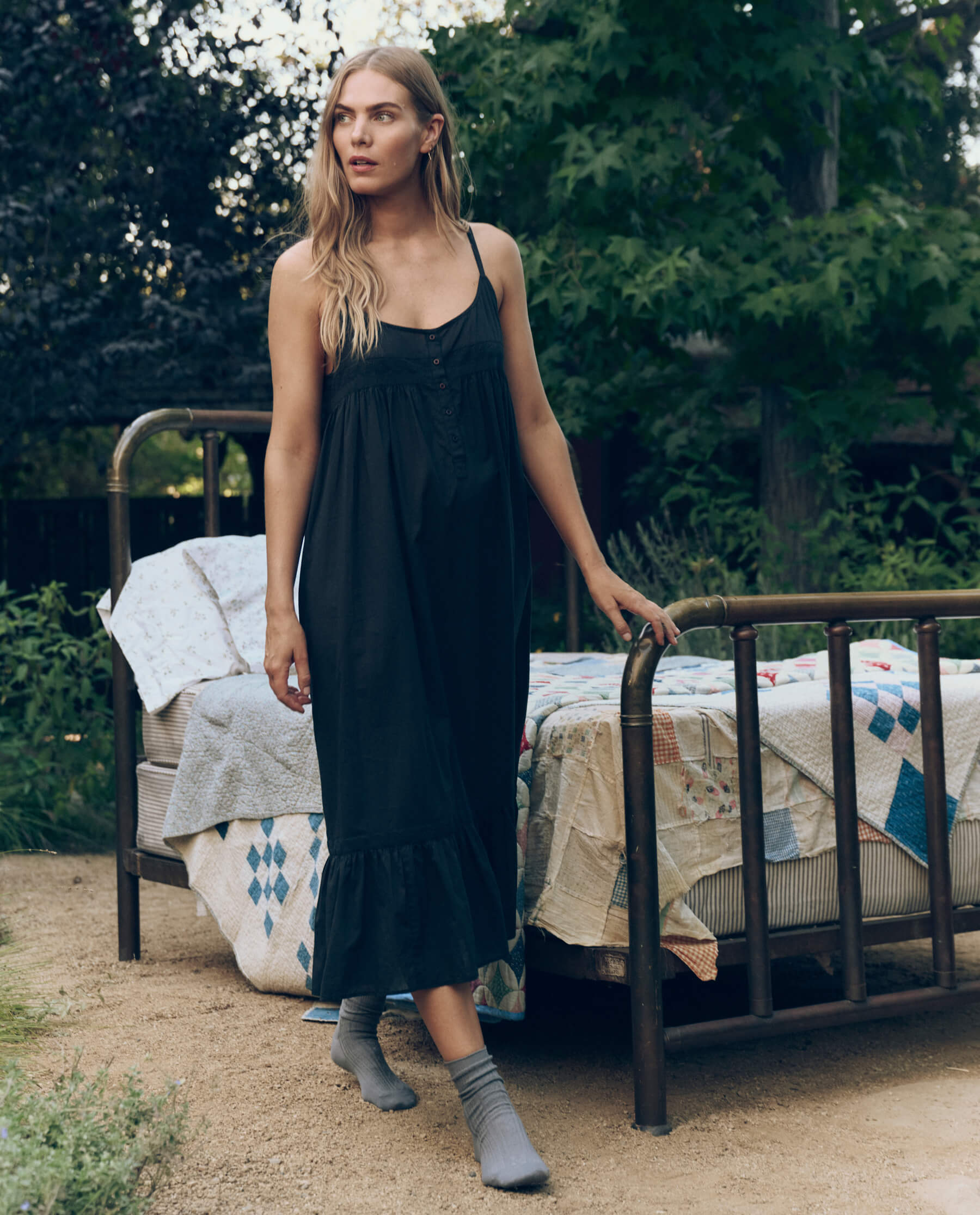 The Eyelet Ruffle Tank Night Dress. -- Black