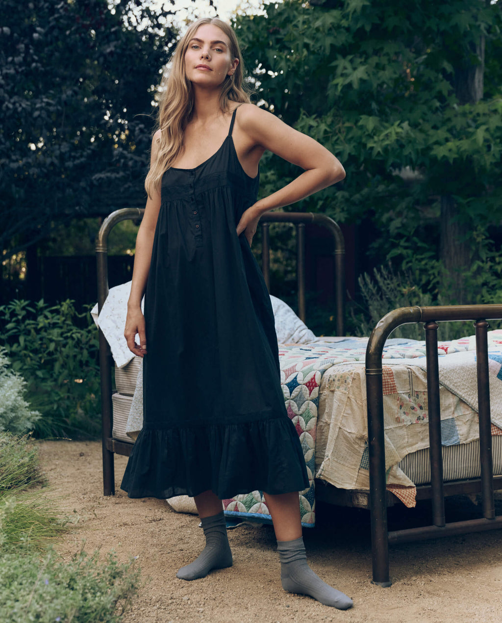 The Eyelet Ruffle Tank Night Dress. -- Black