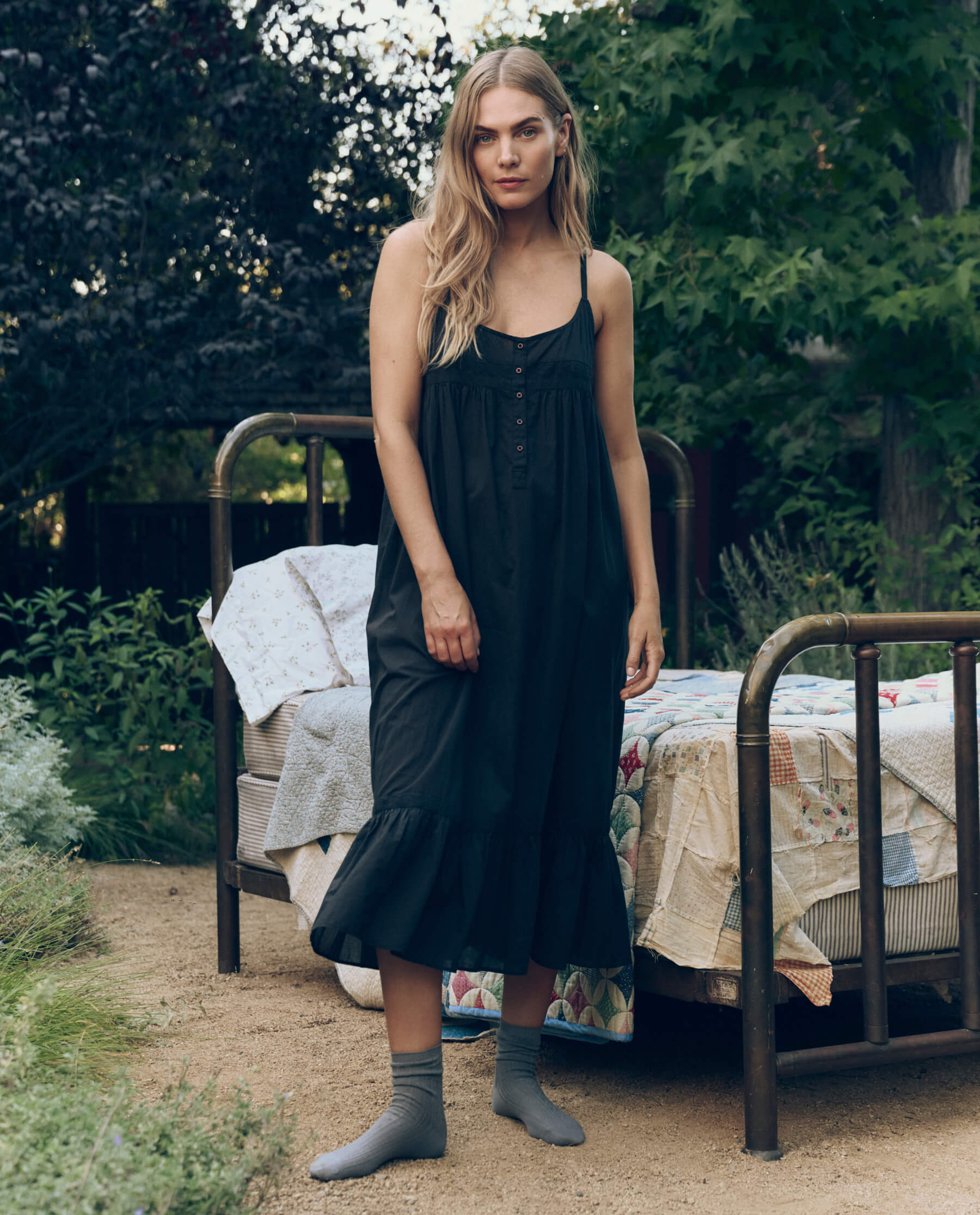 The Eyelet Ruffle Tank Night Dress. -- Black